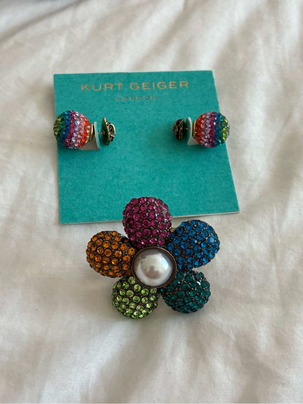 Kurt Geiger Multicolor Crystal Flower Brooch and Rainbow Stud Earrings
